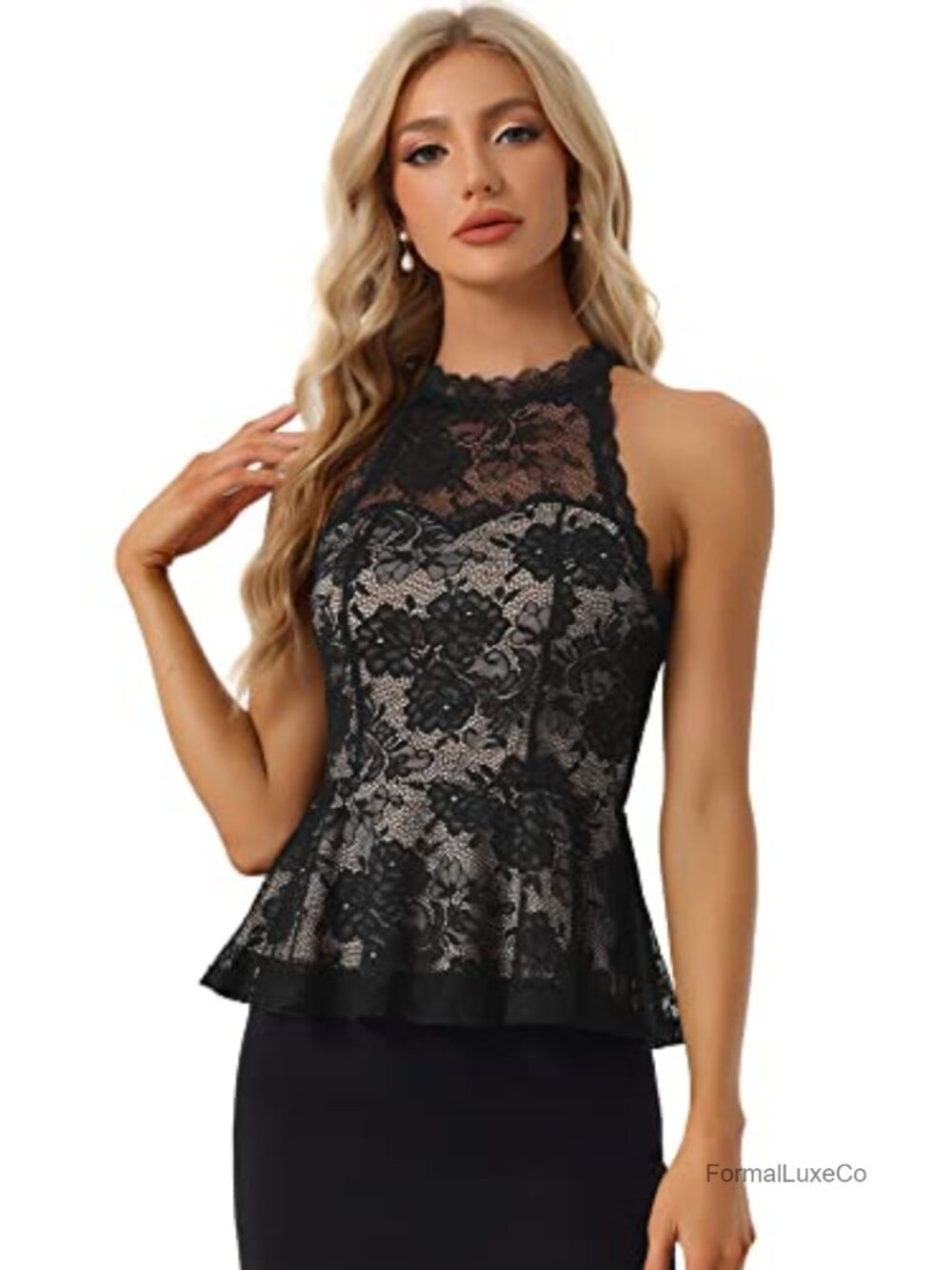 Allegra K Peplum Lace Tank Top Sleeveless Halter Blouse